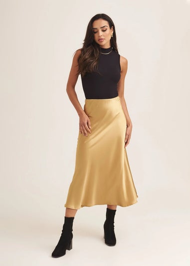 Gini London Sandy Gold Satin Bias Cut Midi Skirt