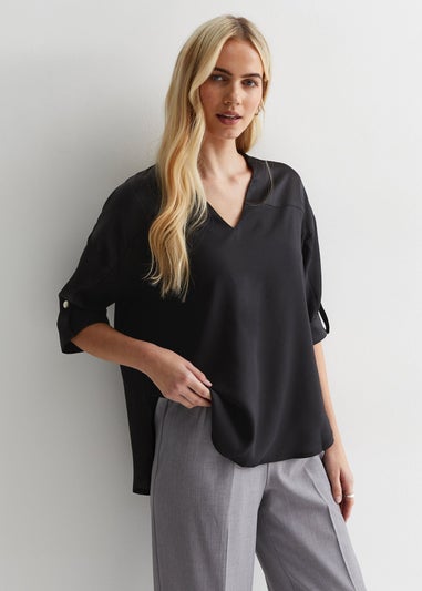 Gini London Black V Neckline Button Up Oversized Top