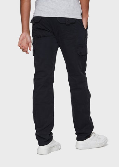 Threadbare Black Pane Belted Cargo Trousers