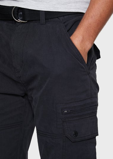 Threadbare Black Pane Belted Cargo Trousers