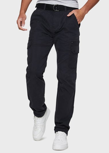 Threadbare Black Pane Belted Cargo Trousers