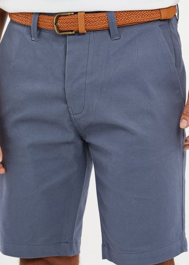 Threadbare Blue Cotton Turn-Up Chino Shorts with Woven Belt