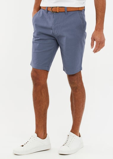 Threadbare Blue Cotton Turn-Up Chino Shorts with Woven Belt