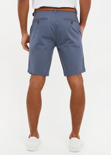 Threadbare Blue Cotton Turn-Up Chino Shorts with Woven Belt