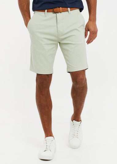 Threadbare Soft Green Conta Cotton Turn-Up Chino Shorts with Woven Belt