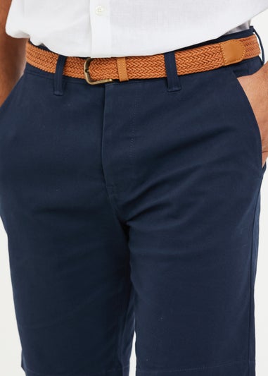 Threadbare Navy Cotton Turn-Up Chino Shorts with Woven Belt