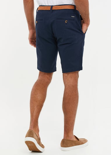 Threadbare Navy Cotton Turn-Up Chino Shorts with Woven Belt