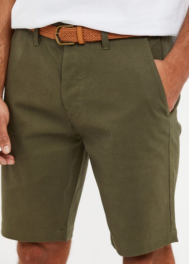 Threadbare Khaki Cotton Turn-Up Chino Shorts with Woven Belt