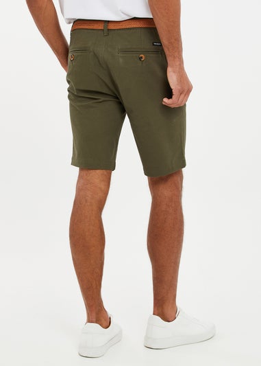 Threadbare Khaki Cotton Turn-Up Chino Shorts with Woven Belt