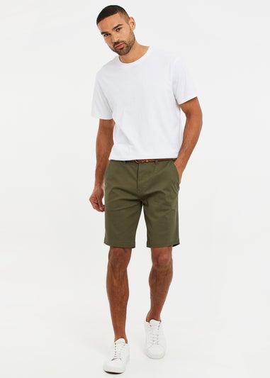 Threadbare Khaki Cotton Turn-Up Chino Shorts with Woven Belt