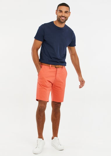 Threadbare Coral Cotton Turn-Up Chino Shorts with Woven Belt