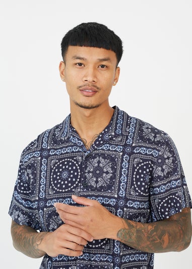 Brave Soul Navy Revere Collar Print Shirt