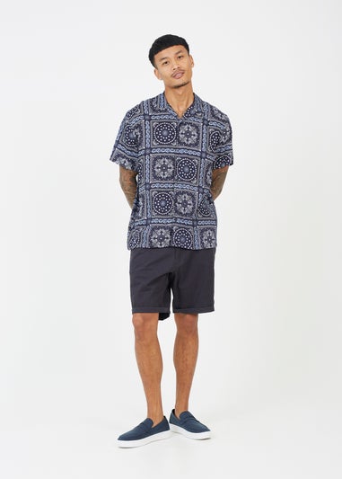 Brave Soul Navy Revere Collar Print Shirt