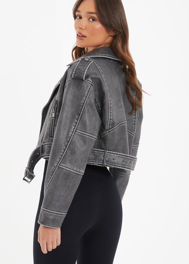 Quiz Grey Faux Leather Oversized Biker Jacket