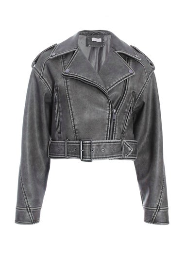 Quiz Grey Faux Leather Oversized Biker Jacket