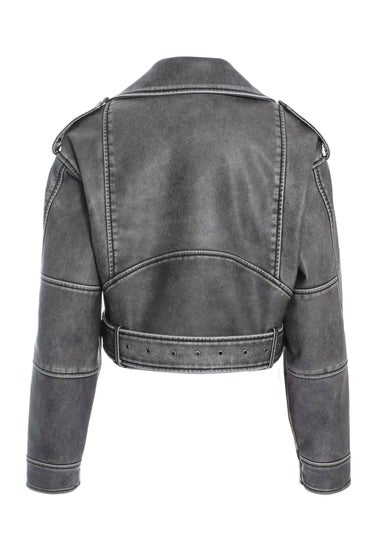 Quiz Grey Faux Leather Oversized Biker Jacket