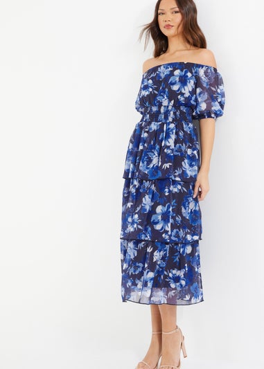 Quiz Blue Chiffon Floral Bardot Midi Dress