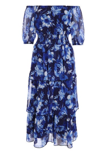 Quiz Blue Chiffon Floral Bardot Midi Dress