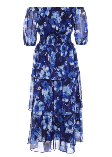 Quiz Blue Chiffon Floral Bardot Midi Dress