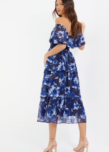 Quiz Blue Chiffon Floral Bardot Midi Dress