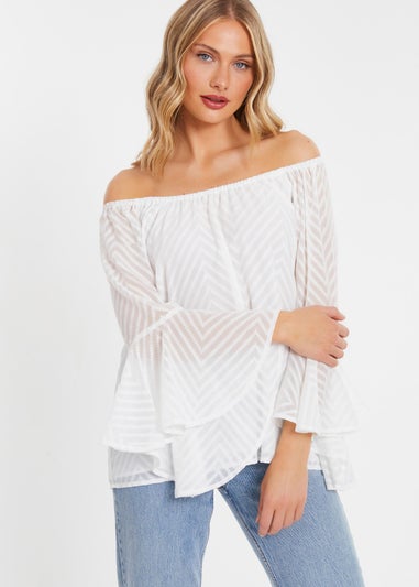 Quiz White Textured Chiffon Bardot Top