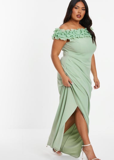 Quiz Green Curve Ruffle Bardot Maxi Dress