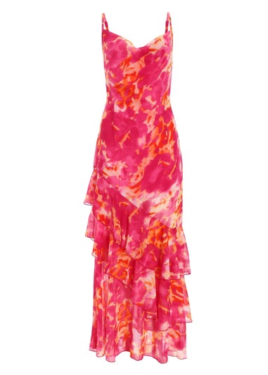 Quiz Pink Abstract Print Chiffon Frill Hem Maxi Dress