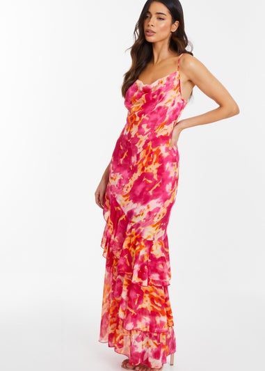 Quiz Pink Abstract Print Chiffon Frill Hem Maxi Dress