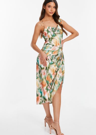 Quiz Multi Satin Marble Print Ruched Midi Dress