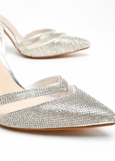 Quiz Silver Diamante Mesh Court Heels