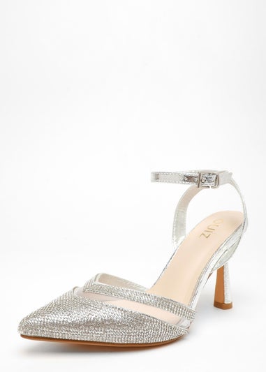 Quiz Silver Diamante Mesh Court Heels