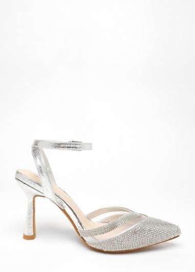 Quiz Silver Diamante Mesh Court Heels