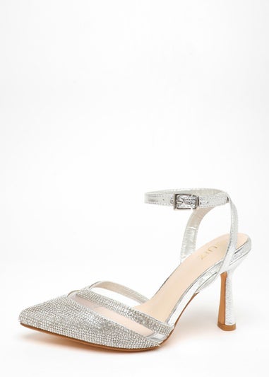 Quiz Silver Diamante Mesh Court Heels