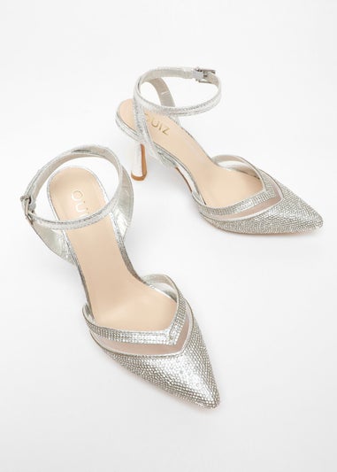 Quiz Silver Diamante Mesh Court Heels