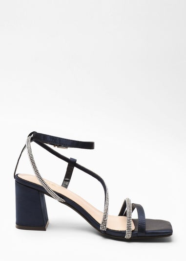 Quiz Navy Satin Diamante Block Heeled Sandals