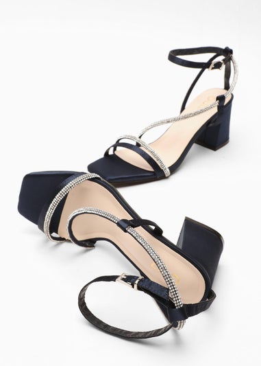 Quiz Navy Satin Diamante Block Heeled Sandals