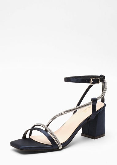 Quiz Navy Satin Diamante Block Heeled Sandals