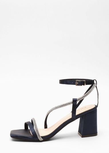 Quiz Navy Satin Diamante Block Heeled Sandals