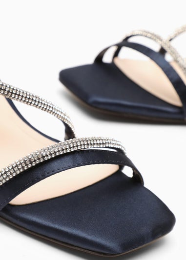 Quiz Navy Satin Diamante Block Heeled Sandals