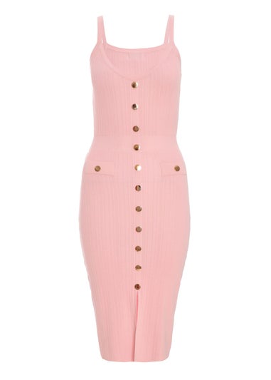 Quiz Pink Knitted Button Front Midi Dress