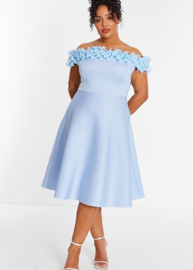 Quiz Blue Curve Bardot Ruffle Skater Midi Dress