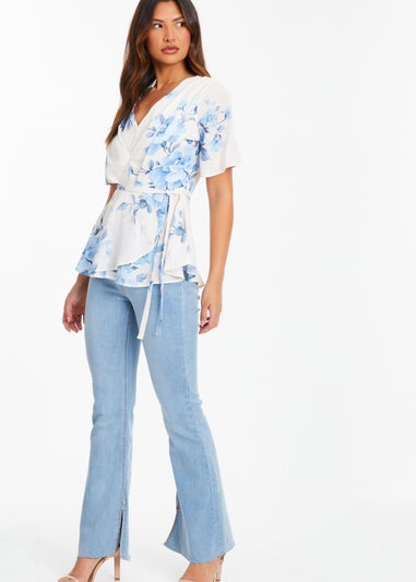 Quiz Cream Floral Print Wrap Tie Top