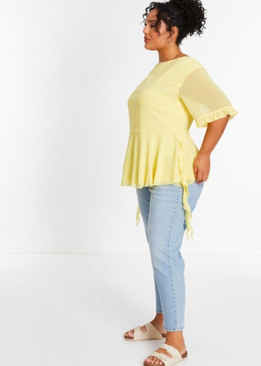 Quiz Yellow Curve Ruffle Peplum Top