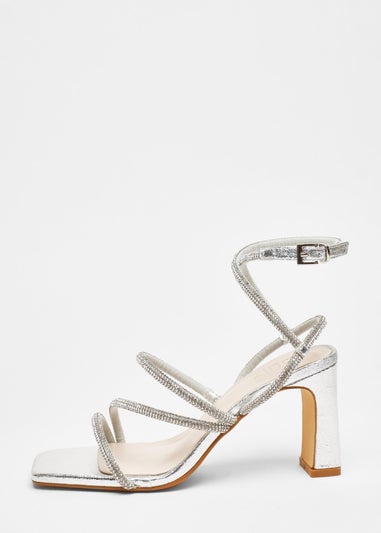 Quiz Silver Diamante Strappy Block Heeled Sandals