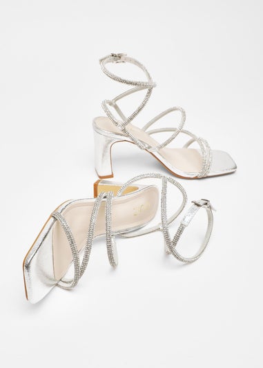 Quiz Silver Diamante Strappy Block Heeled Sandals