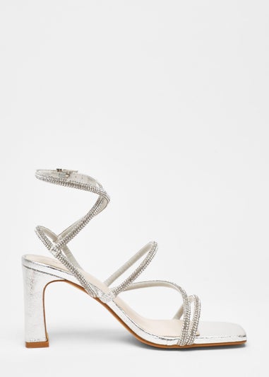 Quiz Silver Diamante Strappy Block Heeled Sandals