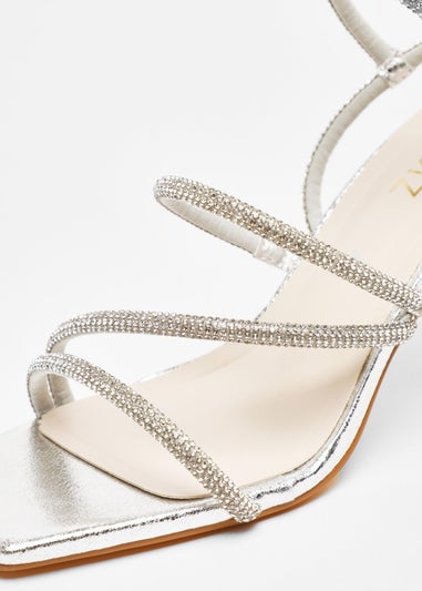 Quiz Silver Diamante Strappy Block Heeled Sandals