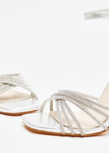 Quiz Silver Diamante Strap Heeled Sandals