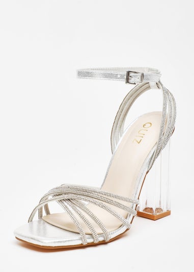 Quiz Silver Diamante Strap Heeled Sandals