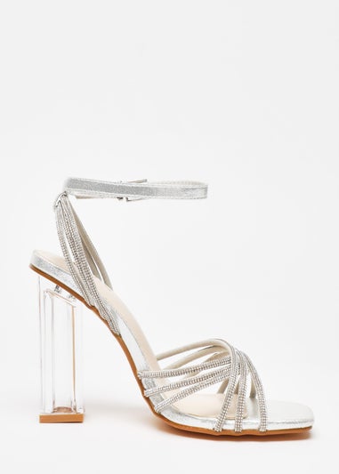 Quiz Silver Diamante Strap Heeled Sandals